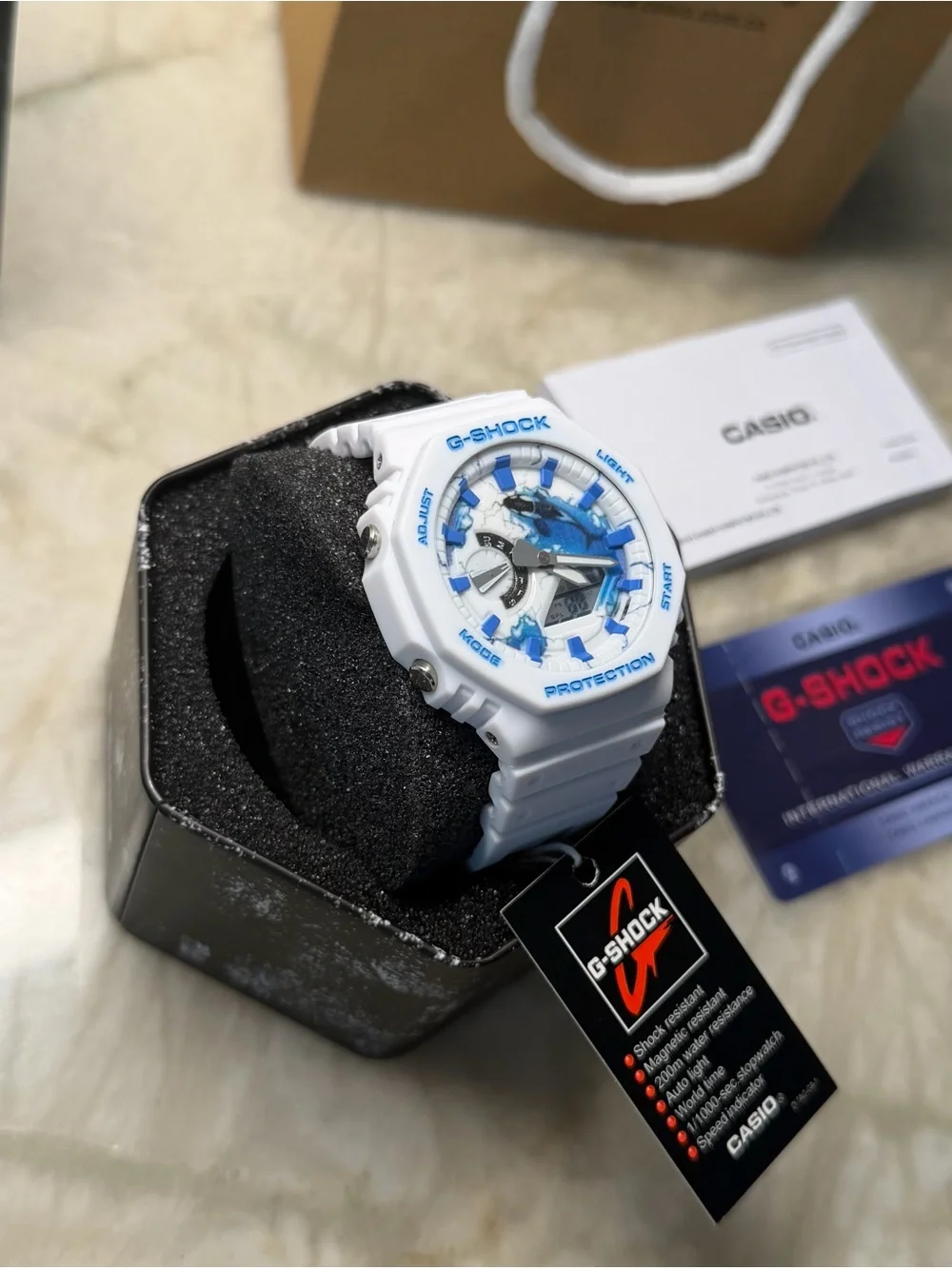 Casio G-Shock White and Light Blue Men's Watch with Box